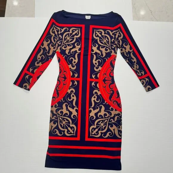 Cache Bodycon Sheath Dress Baroque Navy Red Women’s Medium Boat Neck Geometric - Picture 7 of 16
